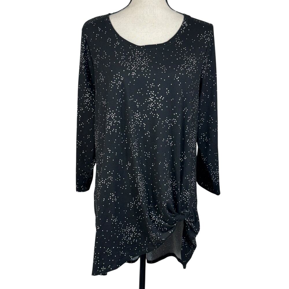 Lane Bryant SZ 14/16 Tunic Top Stretch Polka Dot 3/4 Sleeve Hi-Low Hem Knotted